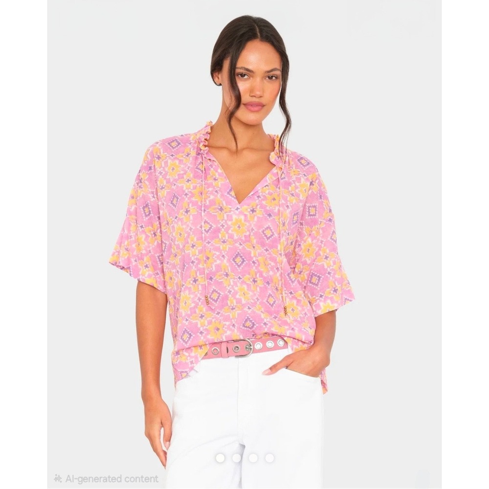 Xirena Honeysuckle Meadow Pink Geometric Ikat Cotton Gauze Ruffle Neck Tie Top